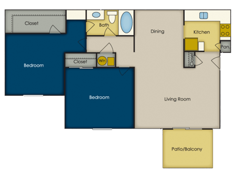 A floor plan of a living space with two bedrooms, a kitchen, a dining area, and a bathroom.