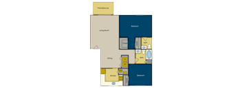 A floor plan of a house with a living room, dining area, kitchen, and two bedrooms.