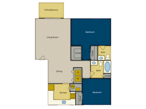 A floor plan of a house with a living room, dining area, kitchen, and two bedrooms.