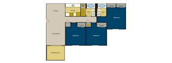 A floor plan of a house with a living room, dining area, kitchen, and three bedrooms.