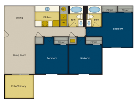 A floor plan of a house with a living room, dining area, kitchen, and three bedrooms.