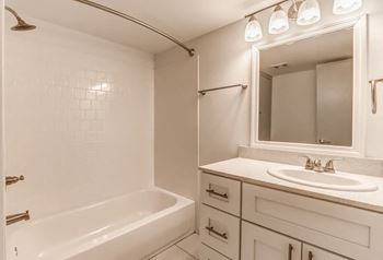 a bathroom with a sink and a tub and a mirror