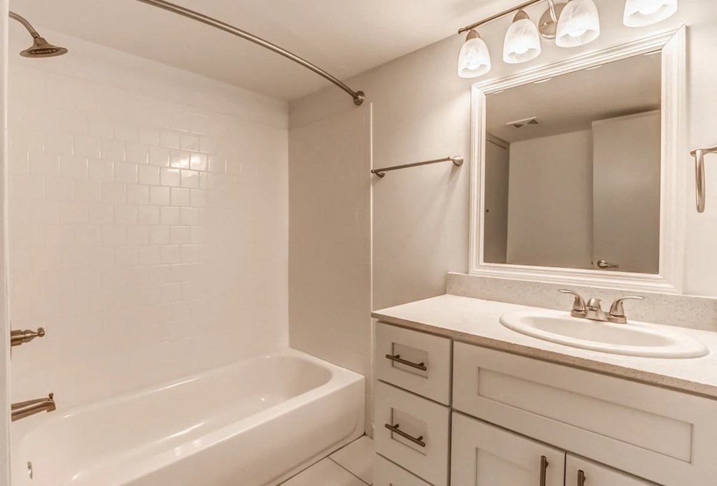 a bathroom with a sink and a tub and a mirror