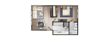 a floor plan of a bedroom with a bathroom and a living room