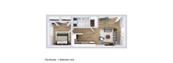 A bedroom unit with a bed, desk, and chair.