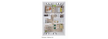 A top-down view of a bedroom unit with a bed, desk, and chair.