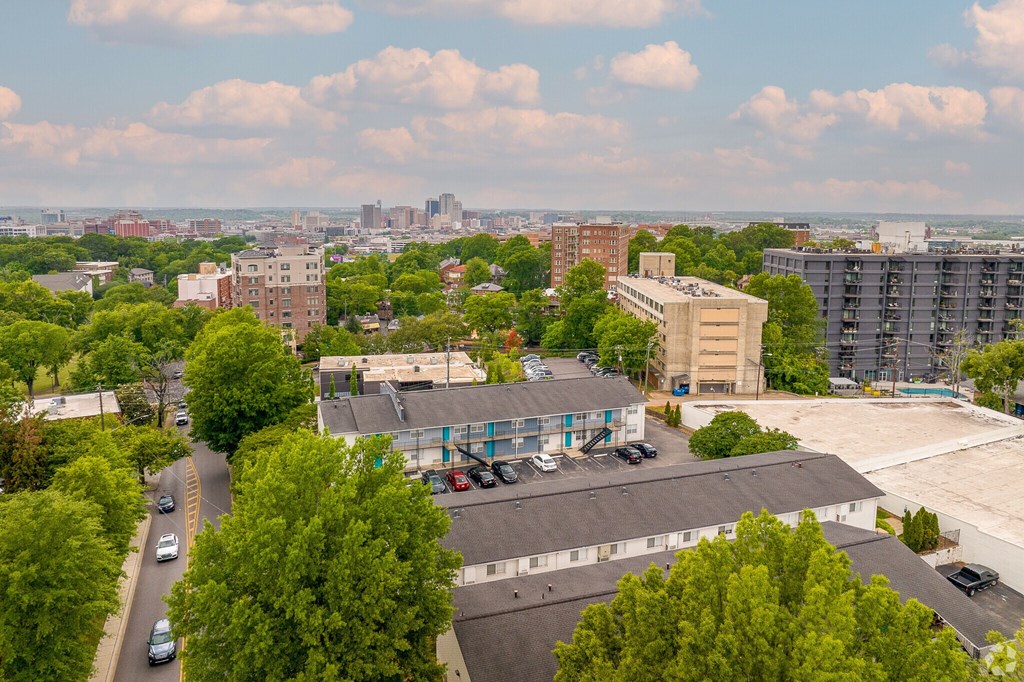 A view of a city from a high vantage point.