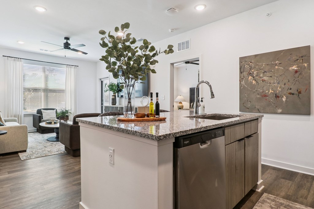 A modern kitchen with a granite countertop and stainless steel appliances.