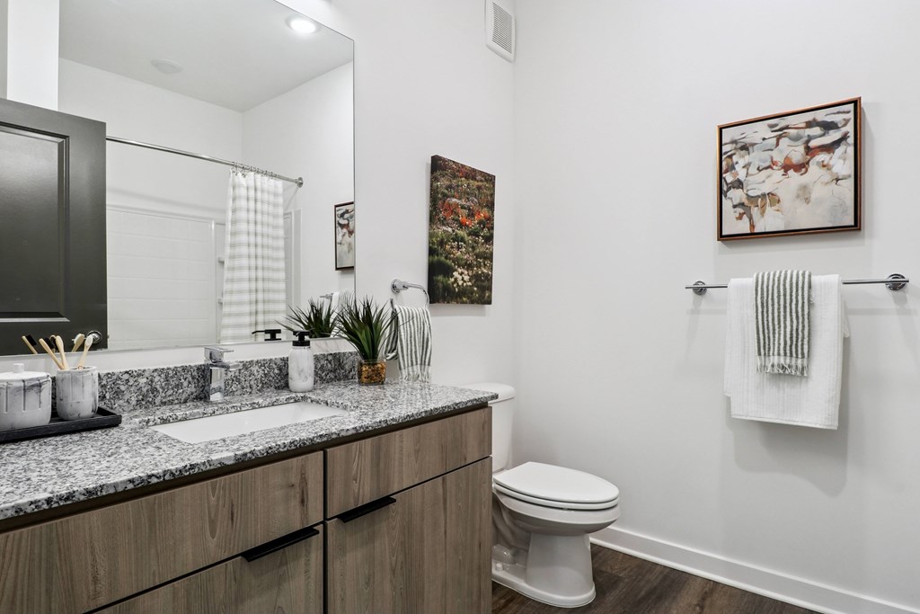 A bathroom with a toilet, sink, and mirror.