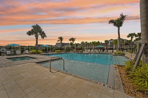 A swimming pool surrounded by palm trees and a sunset sky.