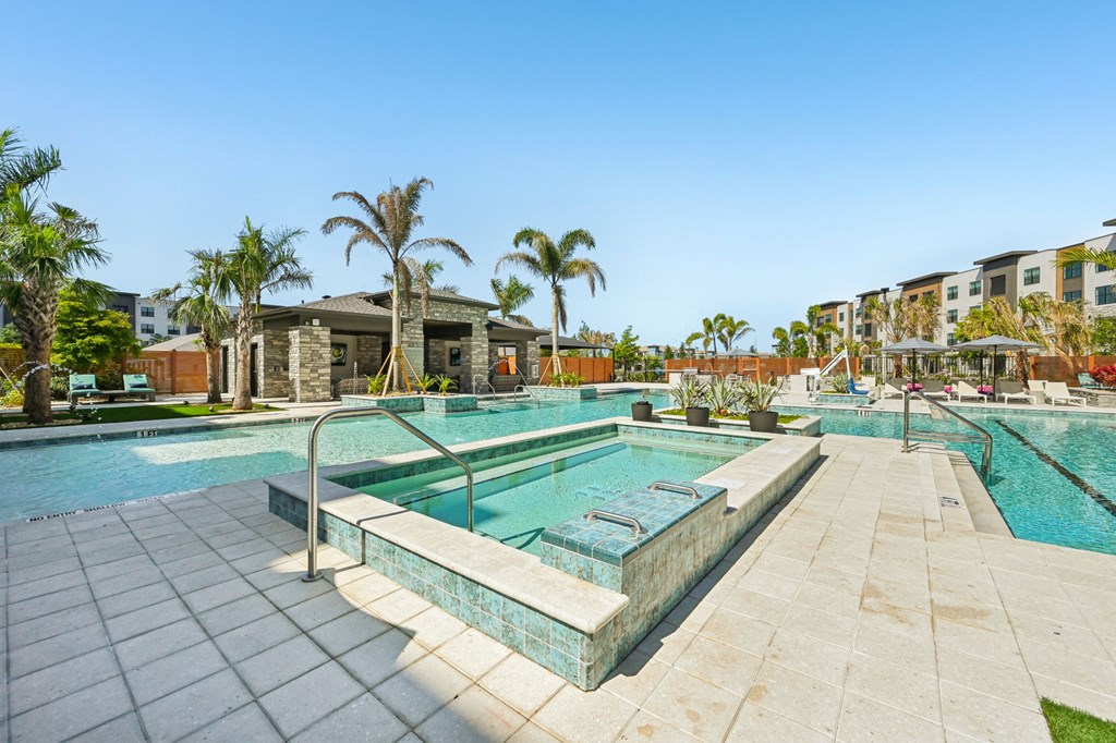 A swimming pool surrounded by palm trees and a building in the background at The Concord Luxury Apartments, Sarasota, FL
