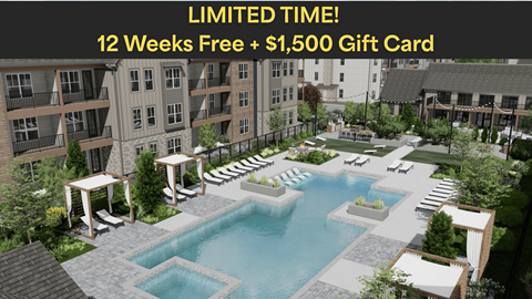 A pool surrounded by a patio with a sign offering 12 weeks free plus a $1,500 gift card.