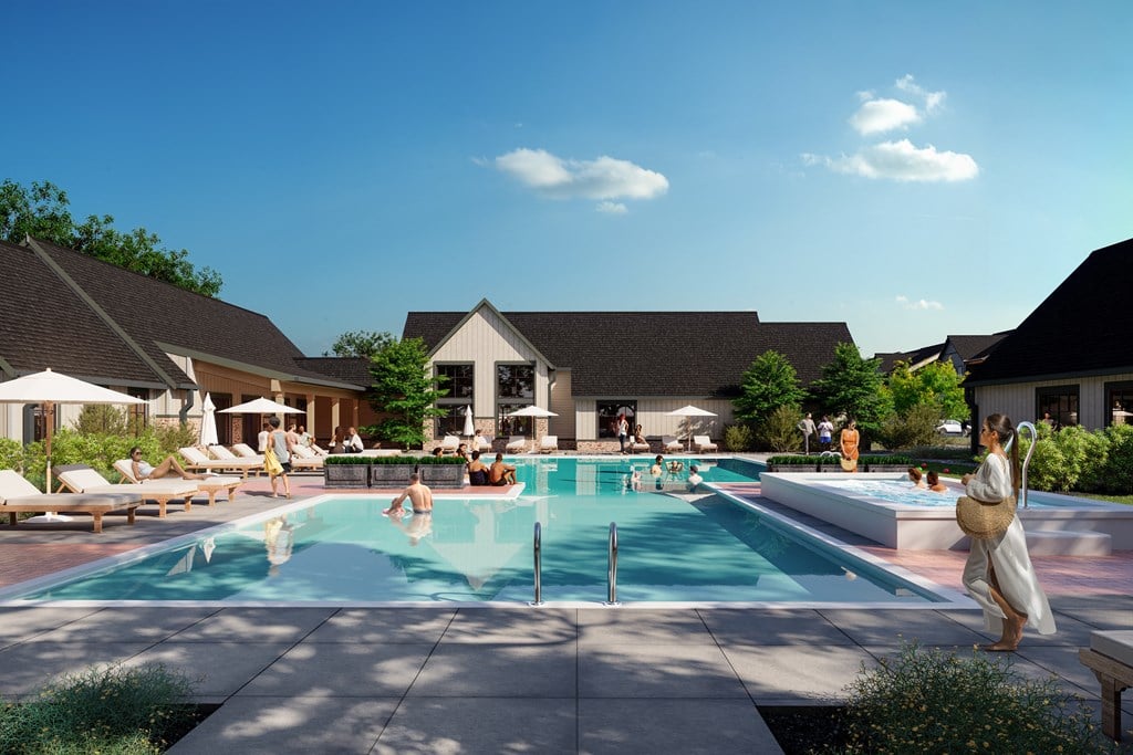 a rendering of a pool with people in it and a house in the background at Premier at West Park, Greeley, CO 80634