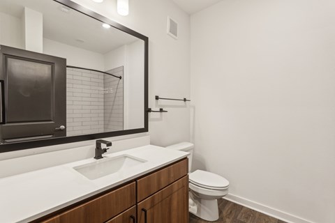 A bathroom with a toilet, sink, and mirror. at The Junction at Rockledge Apartments, Florida