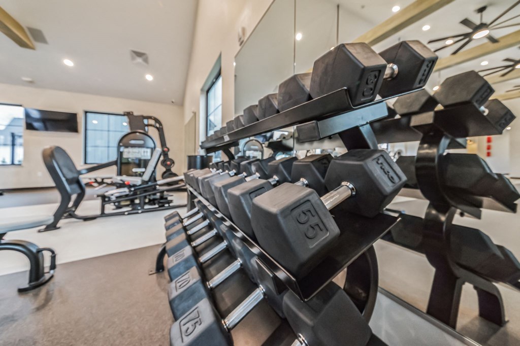 a gym with dumbbells and other exercise equipment at The BLVD at Wilson Crossings, Michigan, 49418