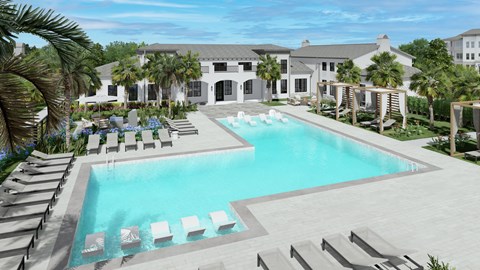 A large swimming pool surrounded by lounge chairs and palm trees.at Terrassa Luxury Apartments, Saint Augustine, 32084