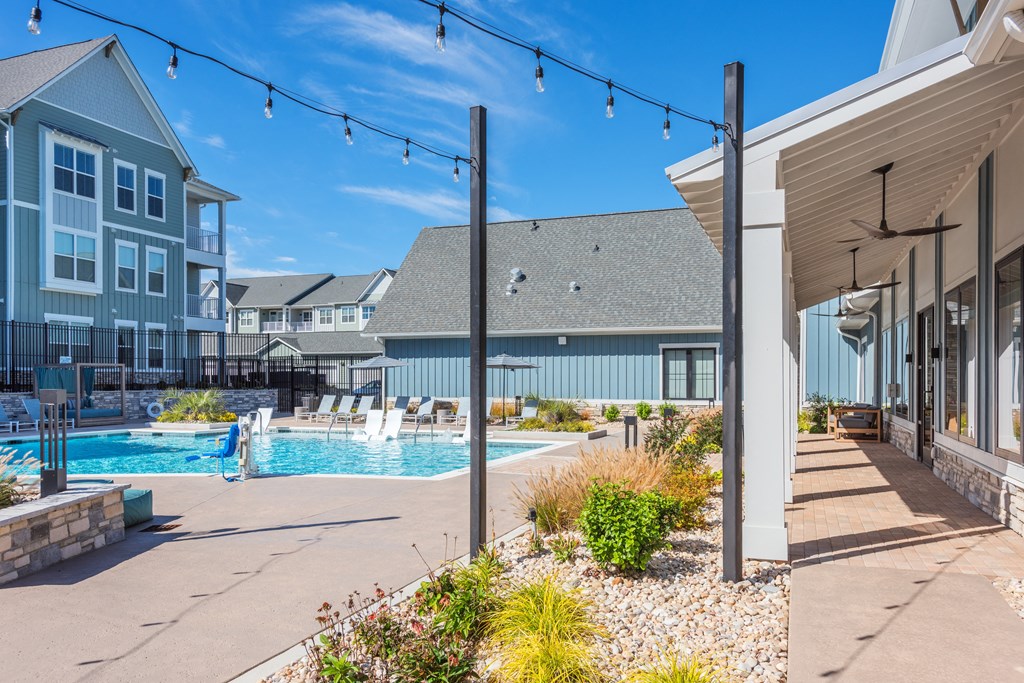 swimming pool with apartment buildings  at Taylor Farms, North Carolina, 28262
