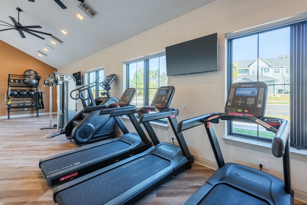 the gym has cardio equipment and a flat screen tv  at Taylor Farms, Charlotte, 28262