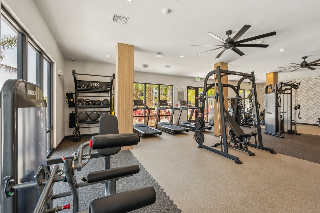 A gym with a variety of equipment including a TRX suspension trainer at The Concord Luxury Apartments, Sarasota, FL, 34240