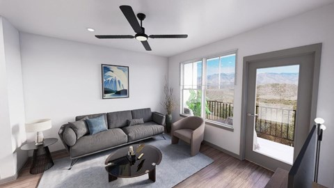 A living room with a grey sofa, a painting on the wall, and a balcony with a view of the outdoors at Refinery at Pointe17 Apartments, Phoenix, Arizona