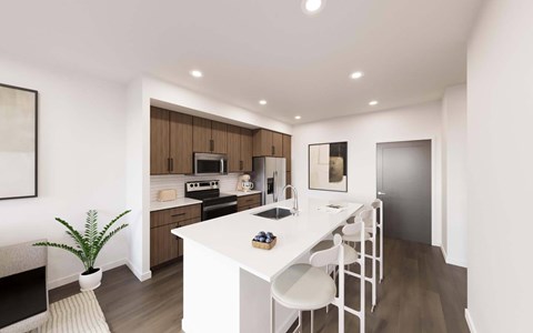 A modern kitchen with a white table and chairs.