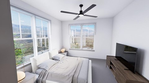 A bedroom with a large bed and a flat screen TV at Refinery at Pointe17 Apartments, Phoenix, AZ, 85085
