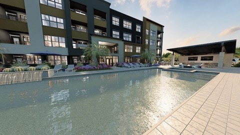A large building with a pool in front.