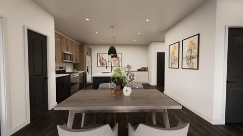 A modern dining room with a wooden table and chairs.