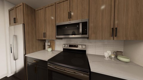 A kitchen with wooden cabinets and a black stove top oven.