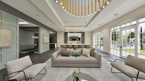 A modern living room with a grey sofa and a coffee table.