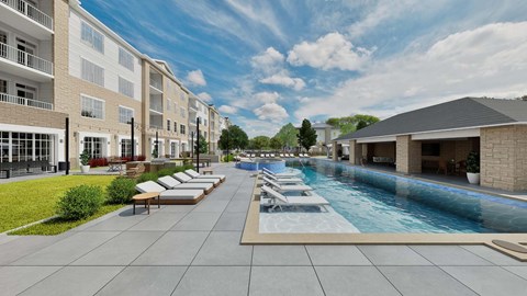 A swimming pool is surrounded by lounge chairs in front of apartment buildings.