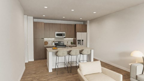 A modern kitchen with a breakfast bar and chairs.