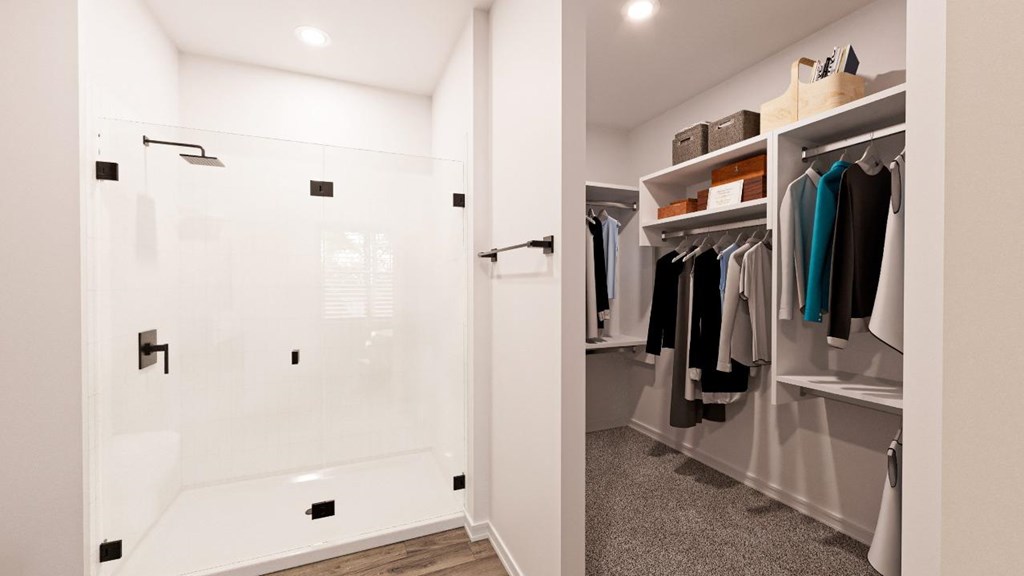 A walk-in closet at The Landing at Lemay, Fort Collins, CO