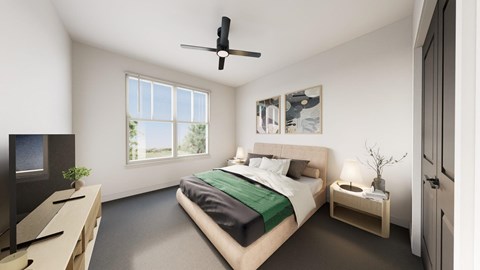 Modern bedroom with ceiling fan and large window at Venture On Venetucci Apartments, Colorado Springs, 80906