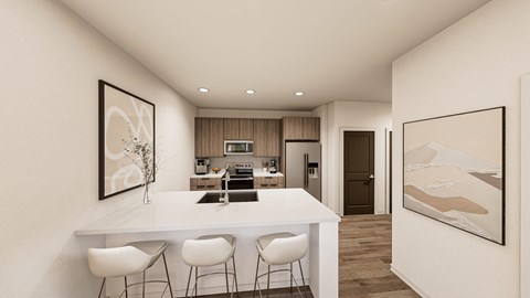A modern kitchen with white chairs and a dining table.