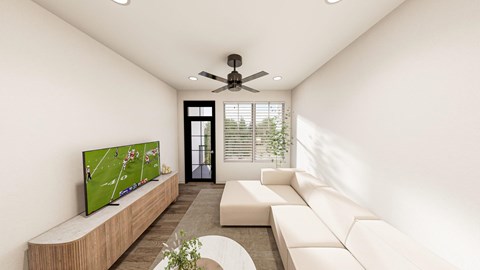 A modern living room with a flat screen TV and a white sofa.