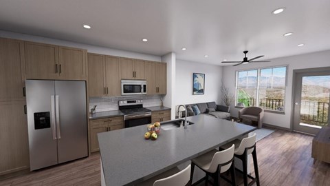 A modern kitchen with a dining table and chairs at Refinery at Pointe17 Apartments, Phoenix