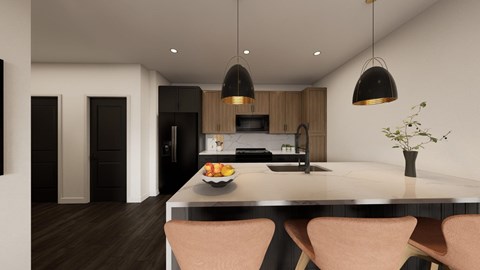 A modern kitchen with a table and chairs.