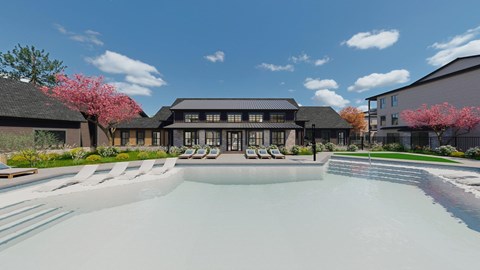 Resortstyle pool area with lounge chairs and clubhouse at Venture On Venetucci Apartments, Colorado Springs, 80906