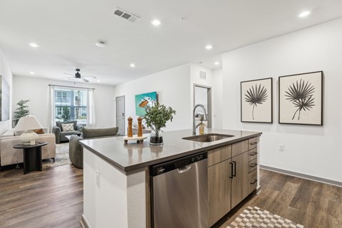 A modern kitchen with a stainless steel dishwasher and wooden cabinets. at The Junction at Rockledge Apartments, Rockledge, FL, 32955
