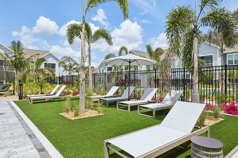 A sunny day at the outdoor lounge with palm trees and chairs. at The Junction at Rockledge Apartments, Florida, 32955