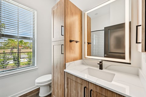A bathroom with a toilet, sink, and wooden cabinet at The Hadley - North Port, FL Apartments, North Port, FL
