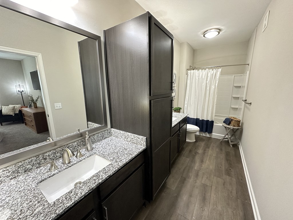 a bathroom with a sink and a mirror and a shower at Watermark at Steele Crossing, Fayetteville