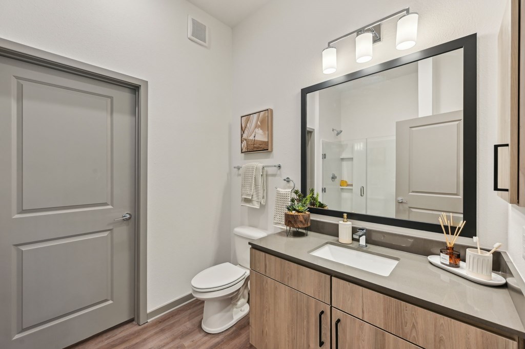 A bathroom with a toilet, sink, and mirror at The Concord Luxury Apartments, Sarasota, Florida