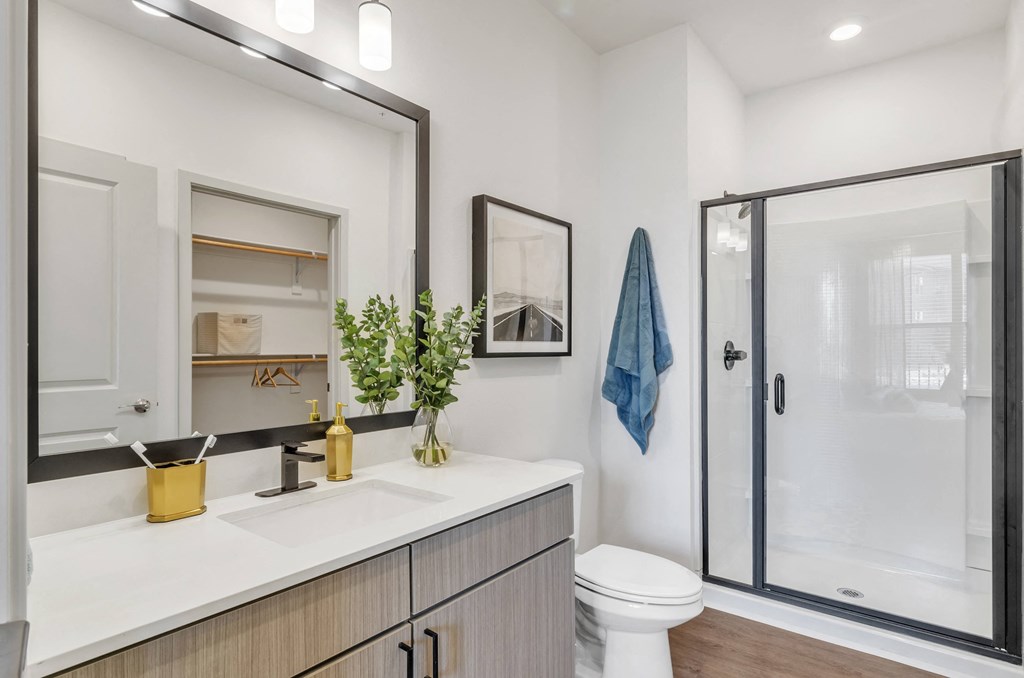 a bathroom with a toilet sink and shower in a 555 waverly unit at Apex, Colorado Springs, CO