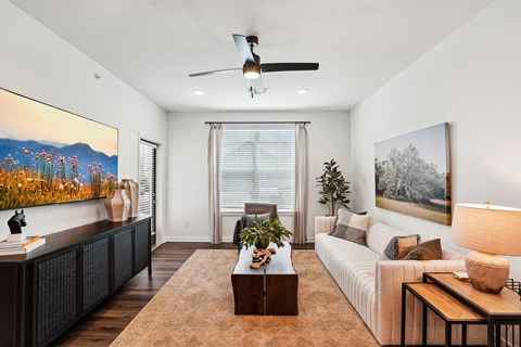 A living room with a brown rug and a white couch.