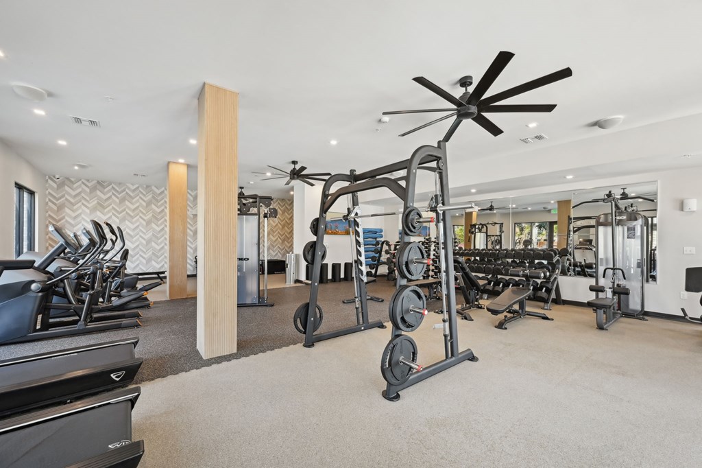 A gym with a variety of equipment including treadmills, weights, and a ceiling fan at The Concord Luxury Apartments, Sarasota, FL