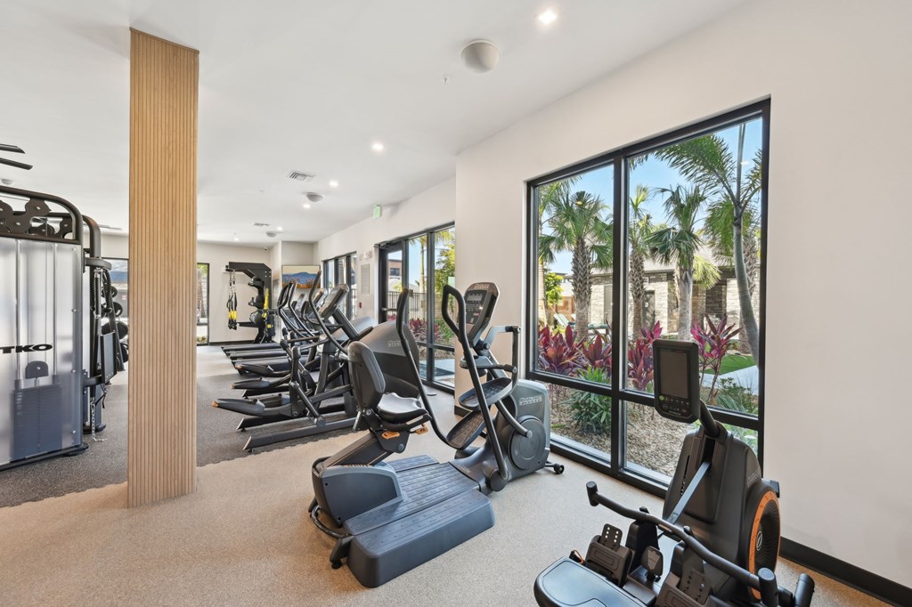 A gym with a variety of equipment including treadmills, weights, and exercise machines at The Concord Luxury Apartments, Florida, 34240