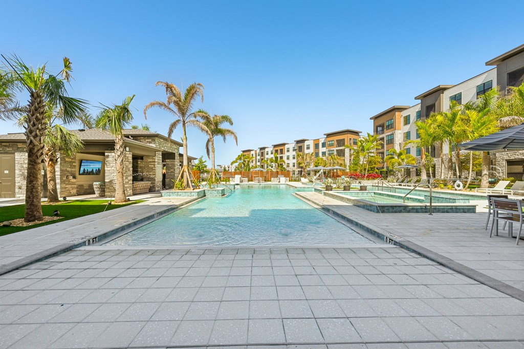 A swimming pool surrounded by palm trees and buildings at The Concord Luxury Apartments, Sarasota, Florida