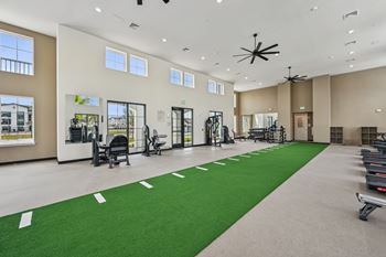 A gym with a green carpet and various exercise equipment. at The Hadley - North Port, FL Apartments, North Port